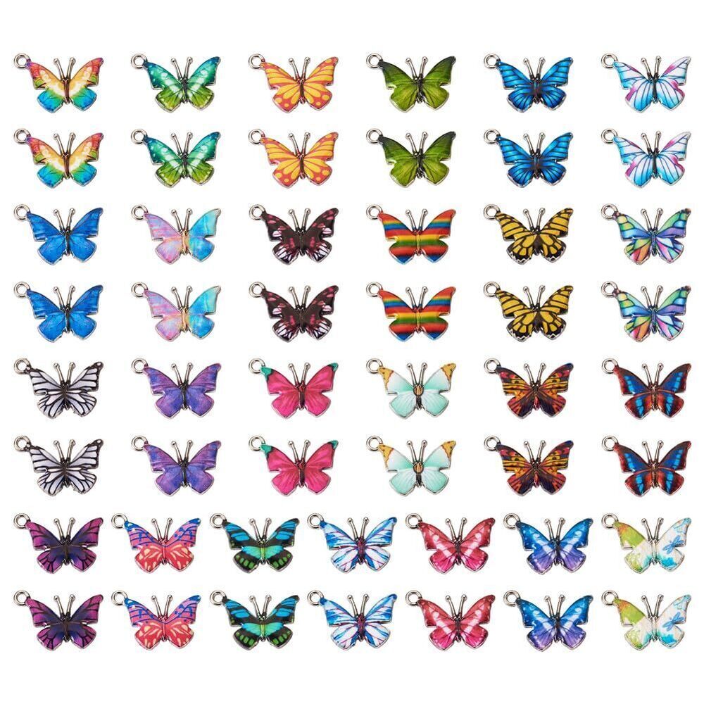 7555 50Pcs Enamel Butterfly Alloy Pendants & Charms - Colorful Metal Dangle